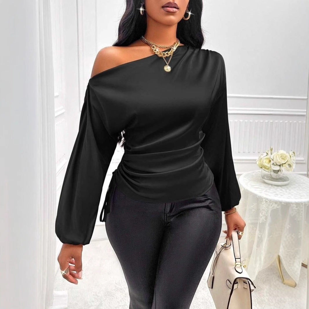 Women Clothes Satin Shirt Autumn Winter Asymmetric Long Sleeve Diagonal Collar Shirt Top