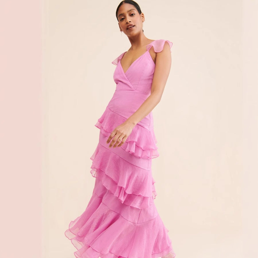 Dress Women Wear Sexy Strap Backless Tiered Dress Pink Dress