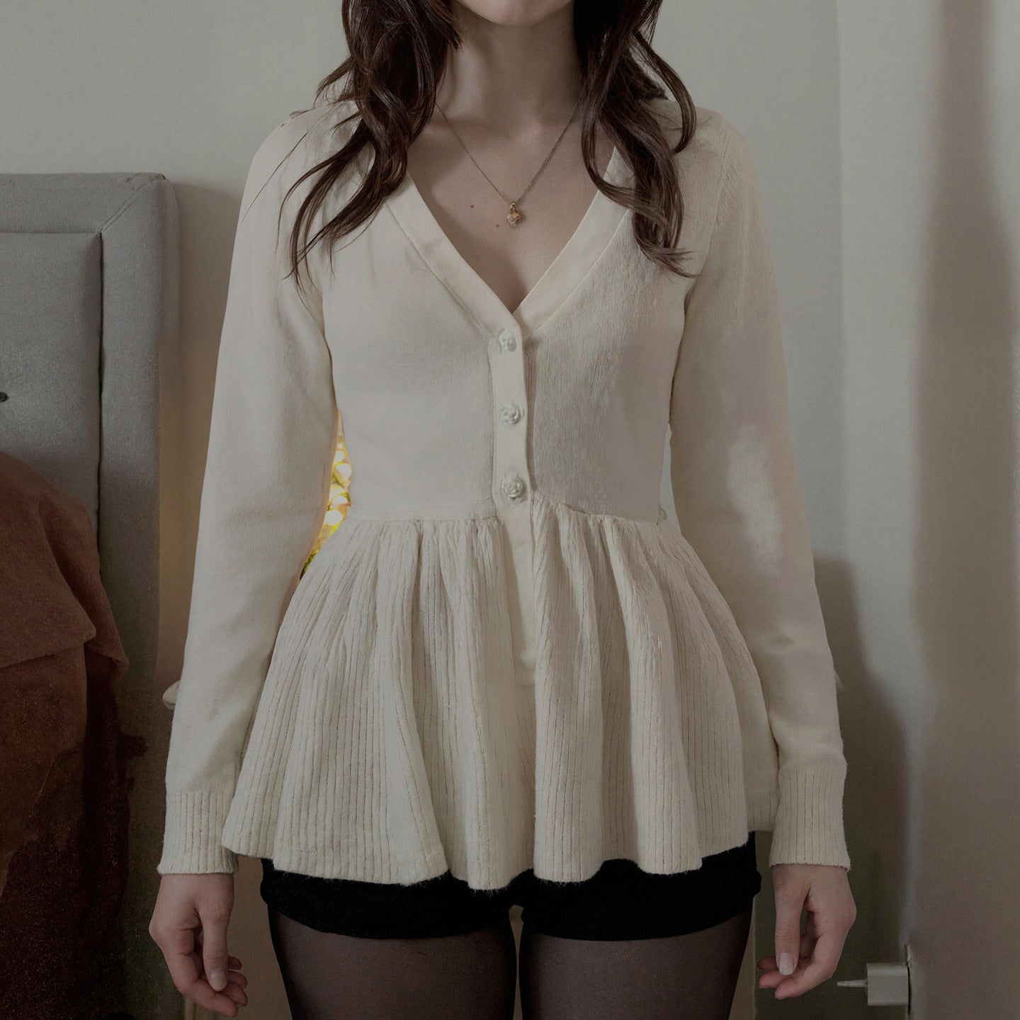 V neck Rose Buckle Solid Color Woolen Cardigan Women Ball Waist Slimming a Swing Top