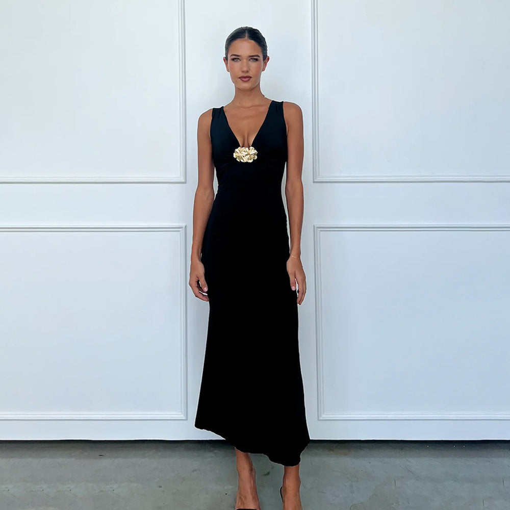 Spring Summer Solid Color Dress Sexy V neck Sheath Dress