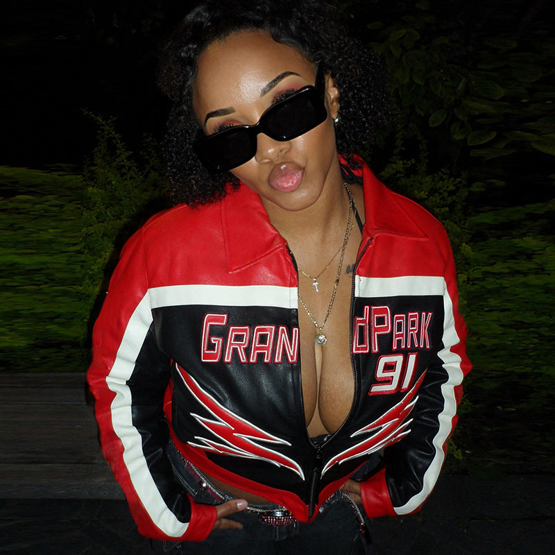 Manteau court zippé sexy automne-hiver pour femme, brodé, col et taille hauts.