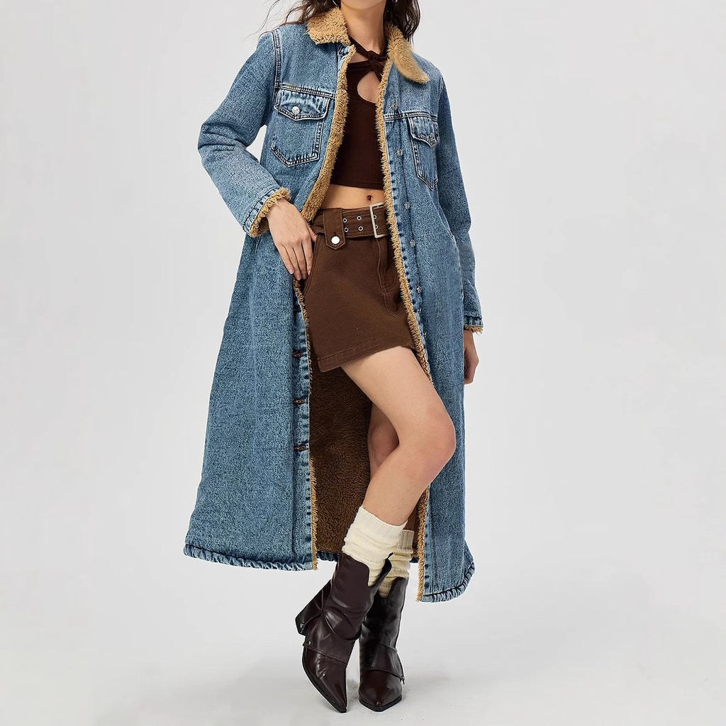 Women Clothing Loose Long Velvet Lining Cotton Padded Coat Denim Coat