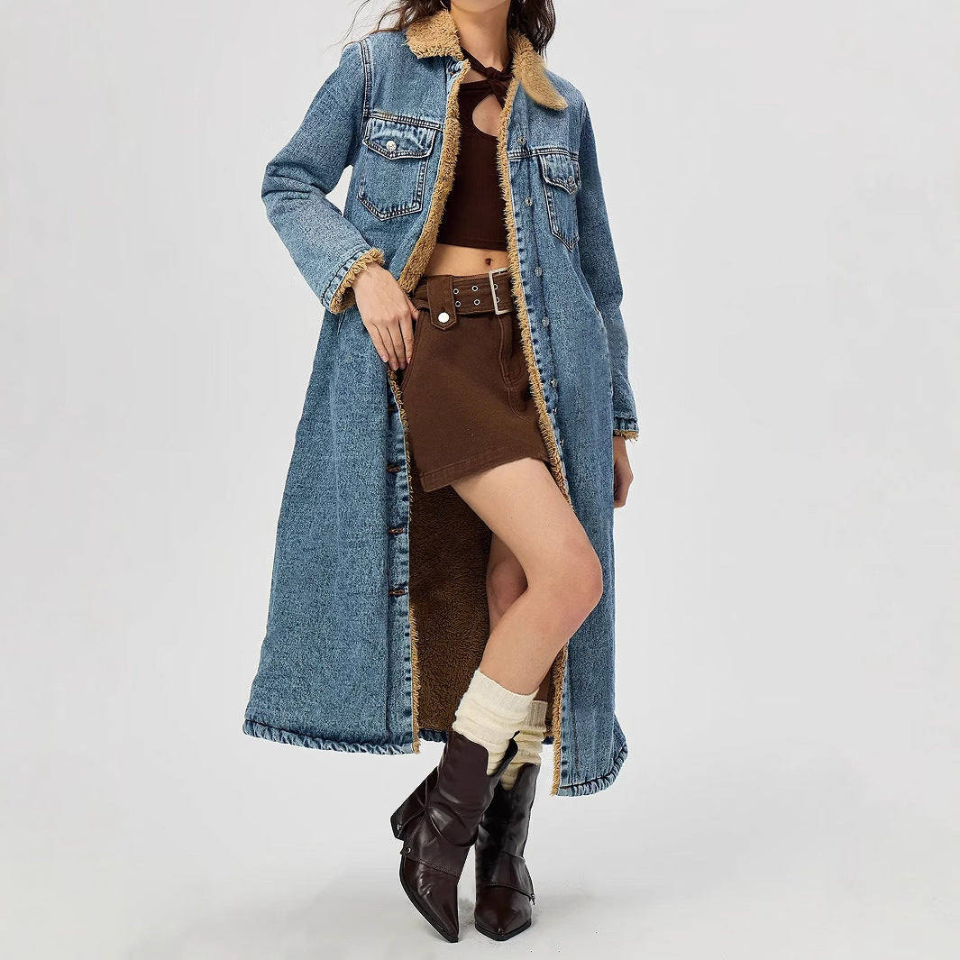Women Clothing Loose Long Velvet Lining Cotton Padded Coat Denim Coat