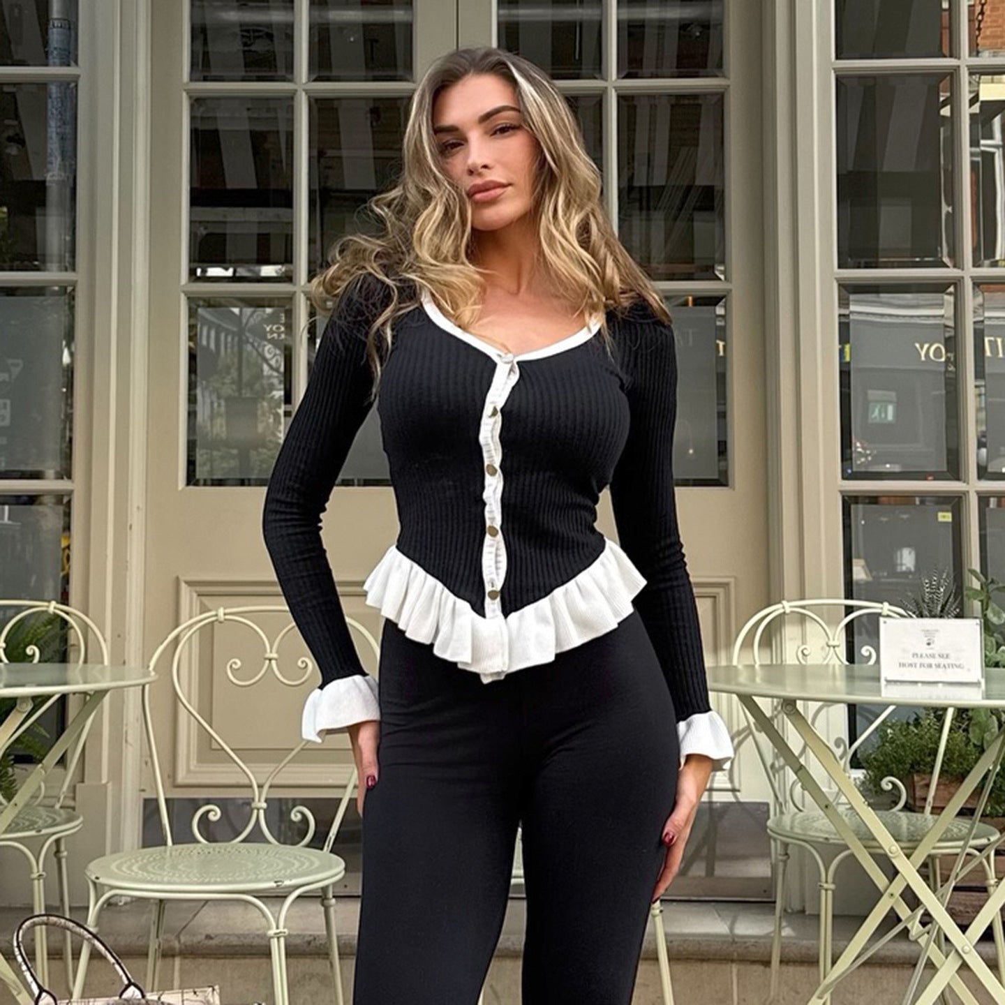 Graceful Fashionable Ruffled Stitching Woolen Top Women Volleyball Buckle Contrast Color Bedford Cord Sweater Coat