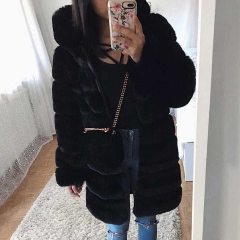 Autumn Winter Women Mid Length Hat Faux Fur Coat Top Women Plush Warm Coat