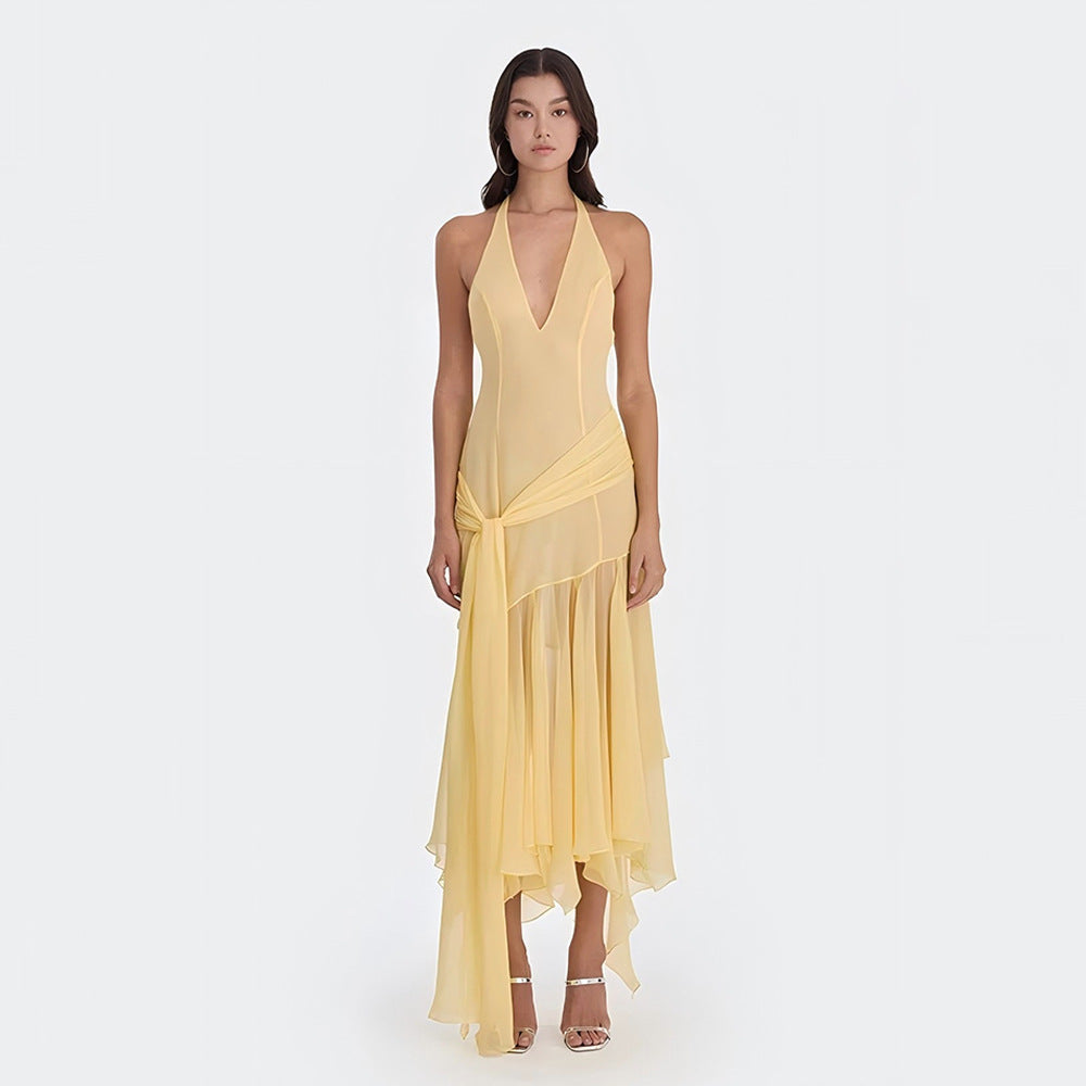 Summer Halter Chiffon See through Dress Sexy Deep V Plunge Ribbon Dress