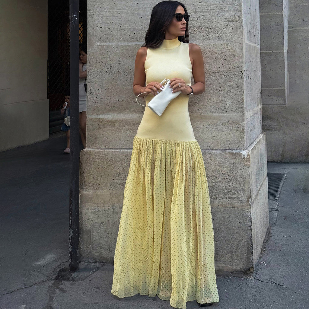 Summer Women Clothing High Collar Slim-Fitting Patchwork Maxi Dress Polka Dot Dress