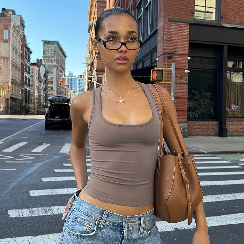 Women Vest Summer Wear Rib High Elastic I Shaped Square round Collar Vest Workout Yoga Top