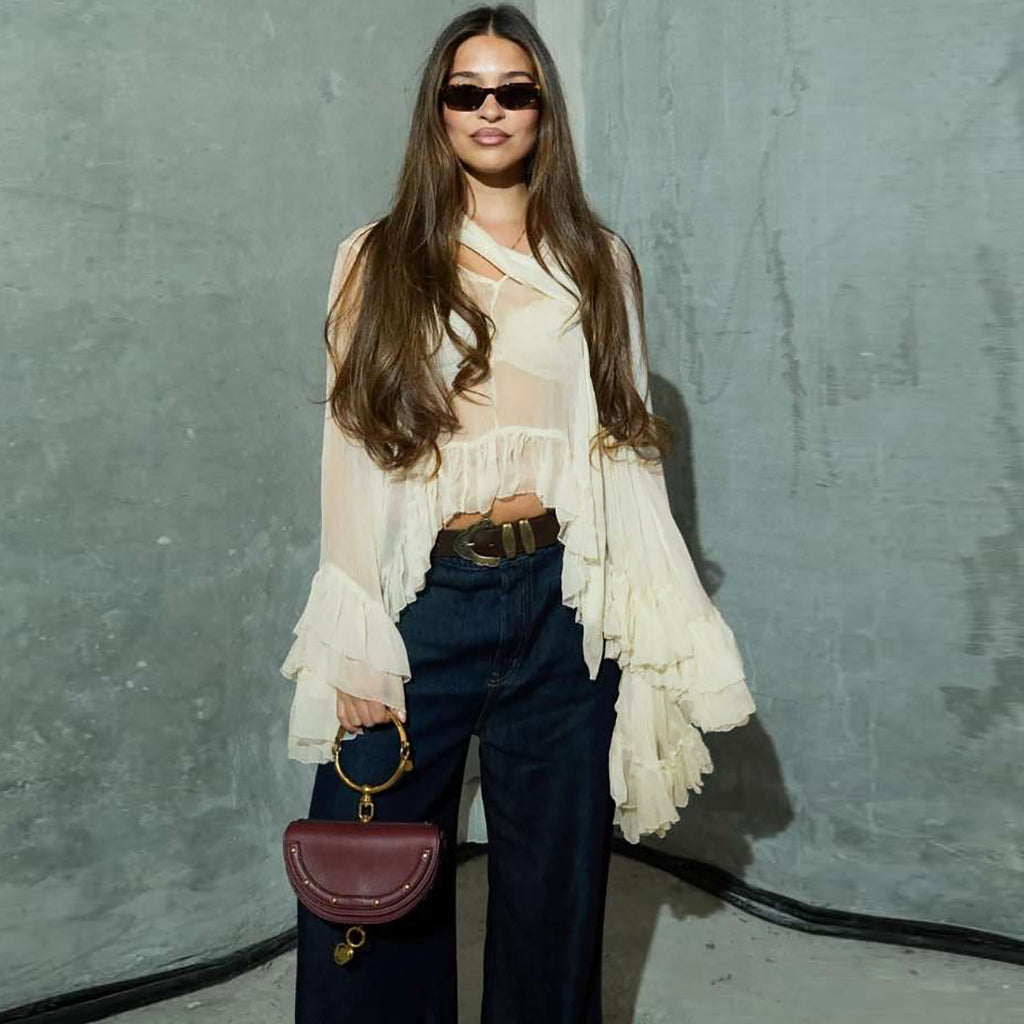 Fall Women Clothing Sexy Hanging Collar See through Ruffled Long Sleeve Smock Top Women