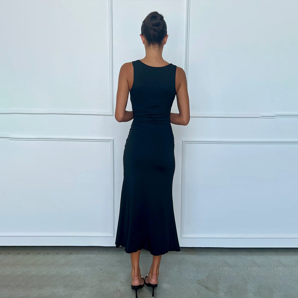 Spring Summer Solid Color Dress Sexy V neck Sheath Dress