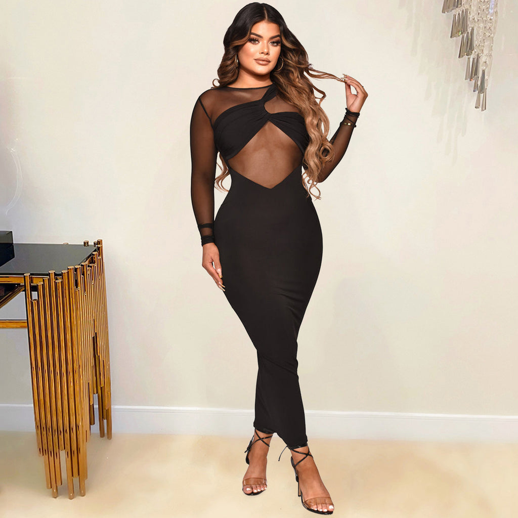 Women Clothing Sexy Tight Mesh See-through Solid Color Long Sleeve Dress for Women