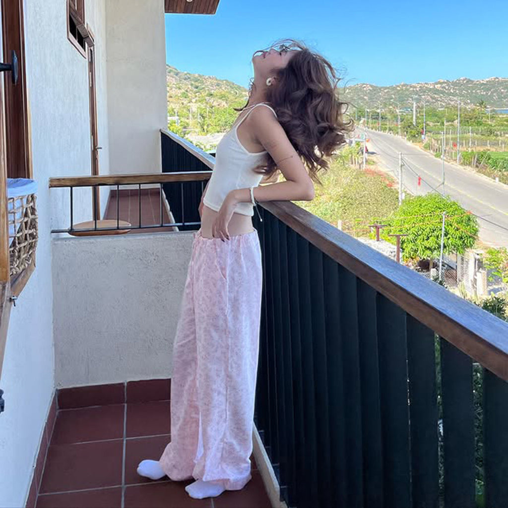 Summer Loose Home Wear Pajama Pants Cute Floral Drawstring Lace Straight Women Casual Pants