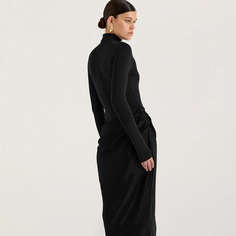 Summer Half High Collar Long Sleeves Dress Sexy Slim Fit Faux Two Piece Solid Color Dress