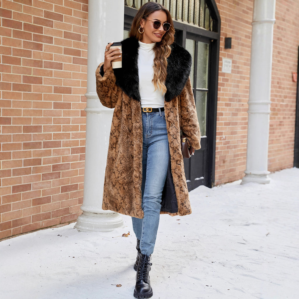 Fall Winter Retro Snakeskin Pattern Brand Thickened Faux Fur Plush Coat