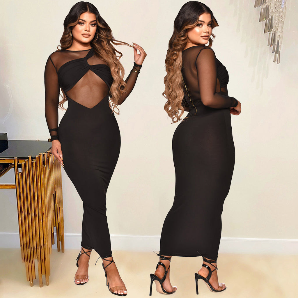 Women Clothing Sexy Tight Mesh See-through Solid Color Long Sleeve Dress for Women