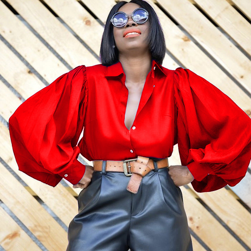 Single-Breasted Backless Lantern Sleeve Long Sleeve Office Shirt