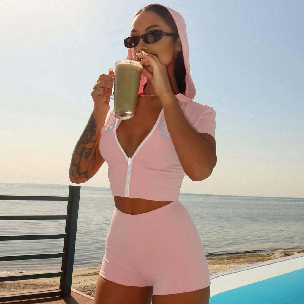 Street Sports Rhinestone Hooded Zipper Short Sleeve Top Hip Shorts Casual Two Piece Set
