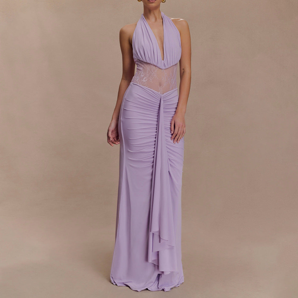 Elegant Deep V Plunge Halter Waist Slimming Maxi Dress Sexy Hollow Out Cutout out Backless Ribbon Dress