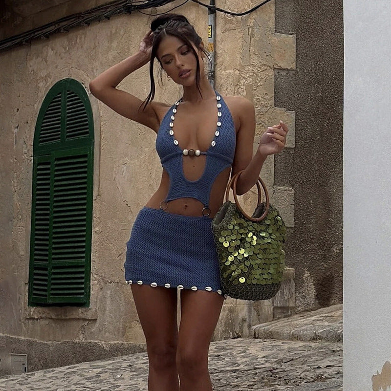 Women Clothing Spring Knitted Sexy Beaded Slim Sheath Halter Lace up Hollow Out Cutout Dress Women