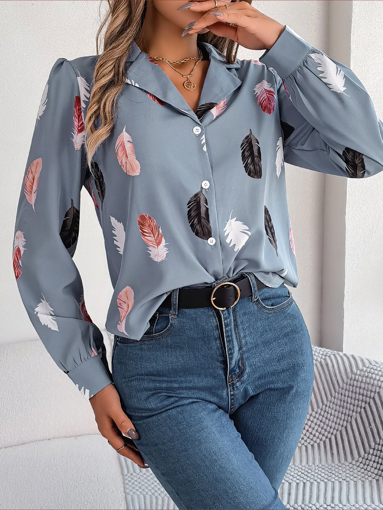 Autumn Winter Elegant Feather Printed Suit Collar Long Sleeve Shirt Women Clothing