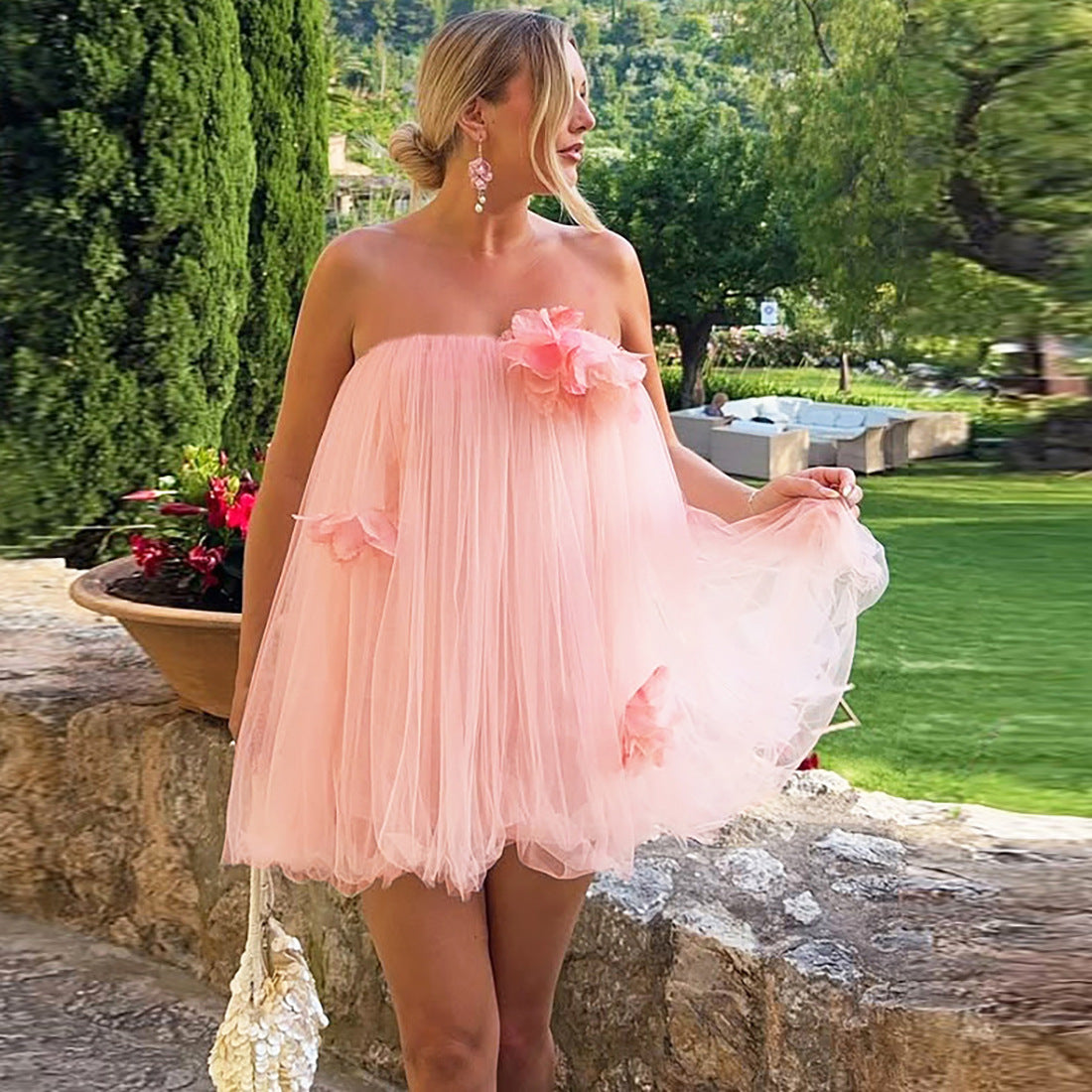 Summer Women Clothing Sexy Mesh Umbrella Princess Dress Three Dimensional Floral Invisible Sling Dress