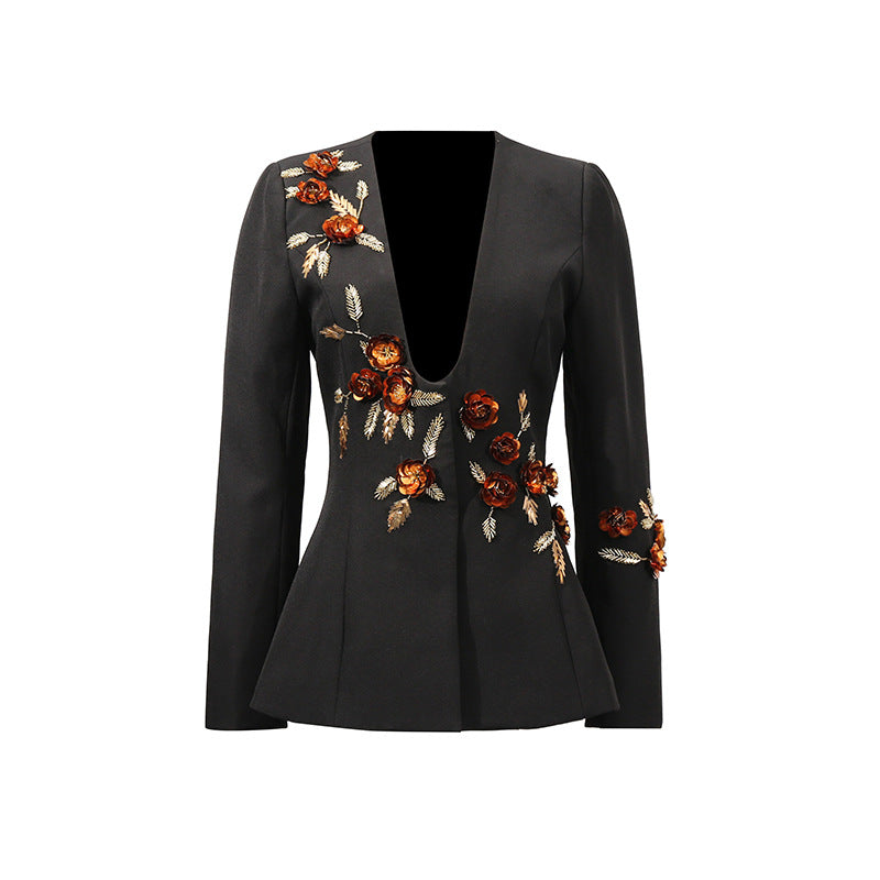 Elegante blazer de industria pesada para mujer, verano, elegante diseño de costura floral, manga larga