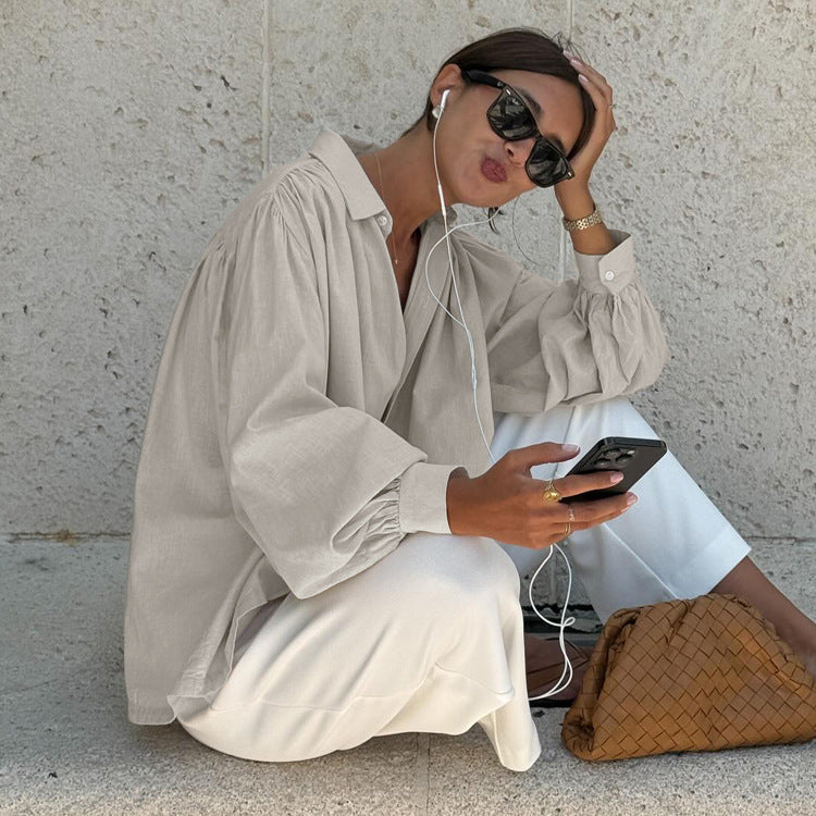 Simple Loose Fitting Women Shirt Spring Autumn Polo Collar Long Sleeve Cardigan Shirt Office Top