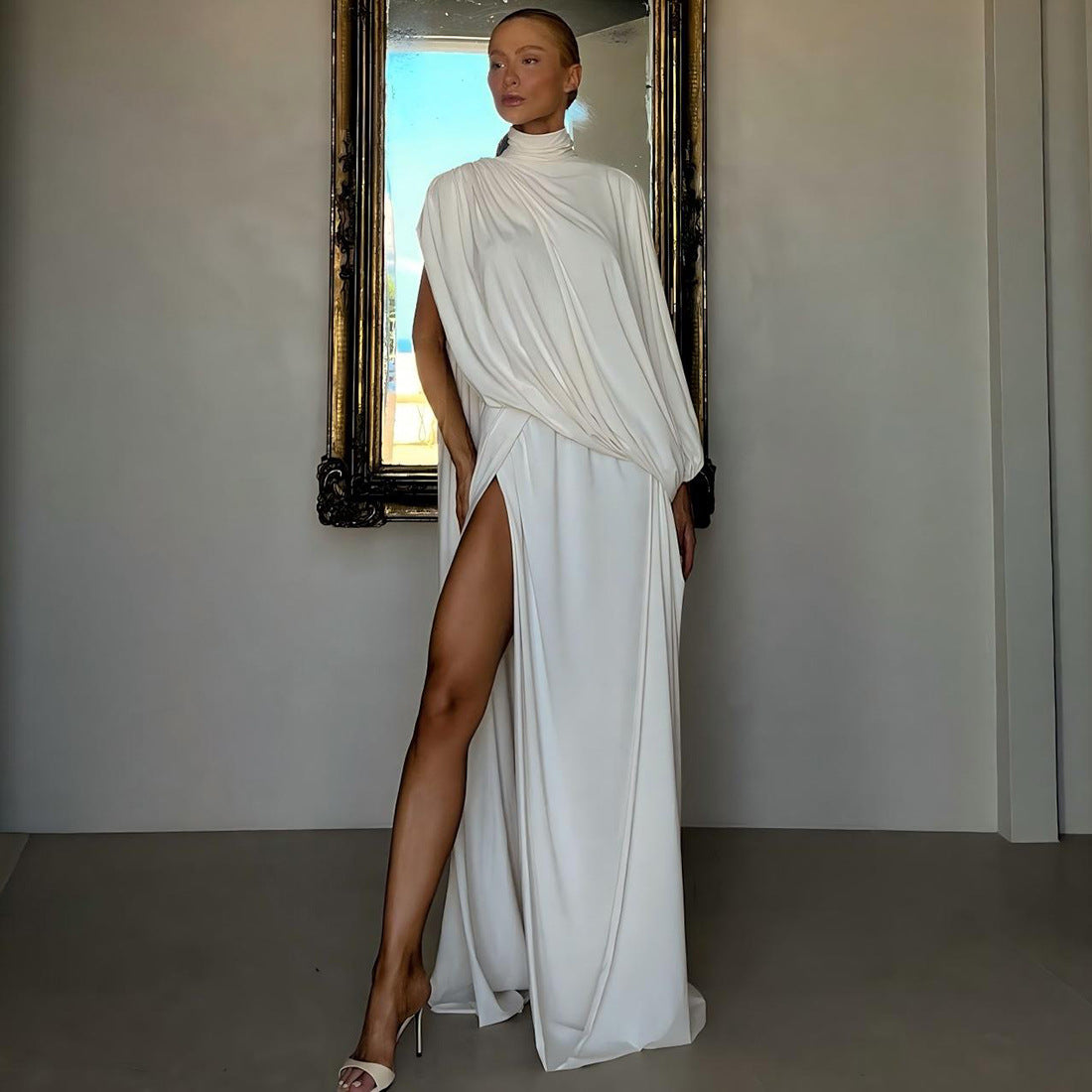 Autumn Winter Women Clothing Solid Color Turtleneck Peplum Top Sexy High Split Skirt Set