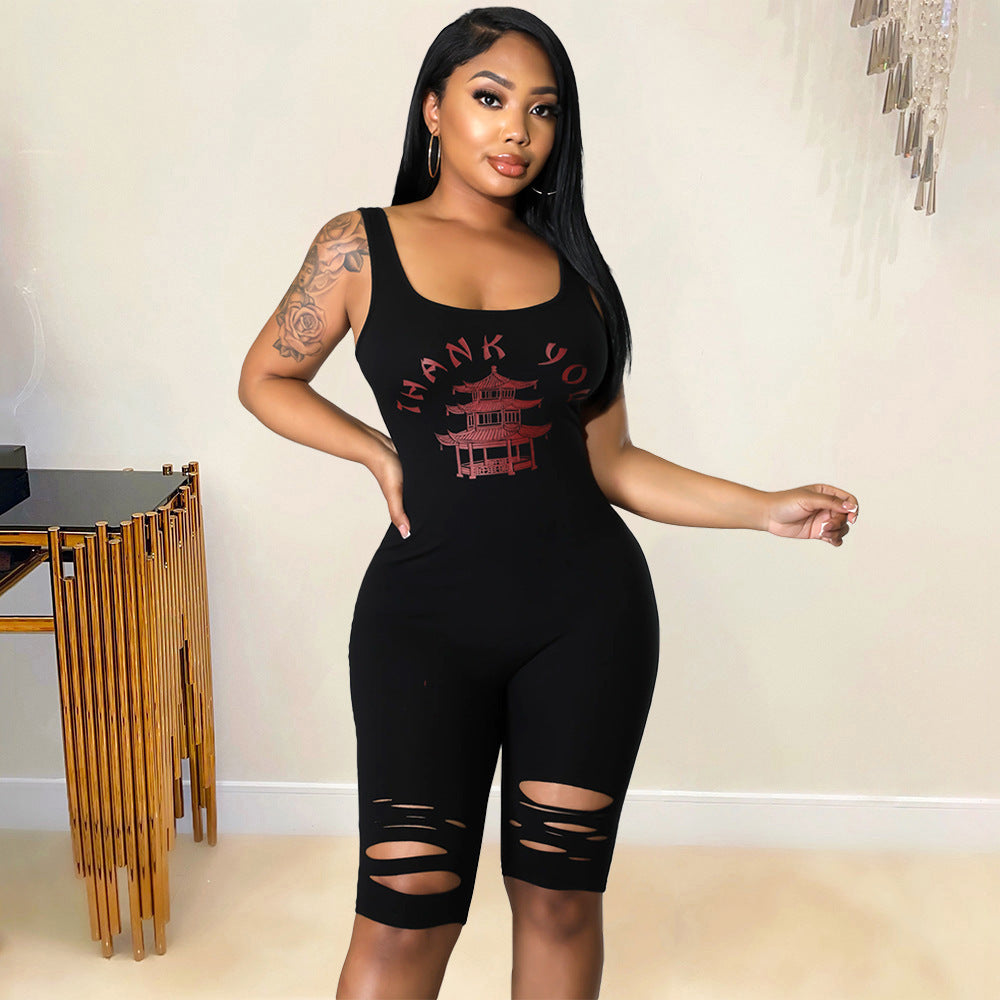 Summer Women Clothing Sports Casual Printed Hollow-out Ripped for Women Romper