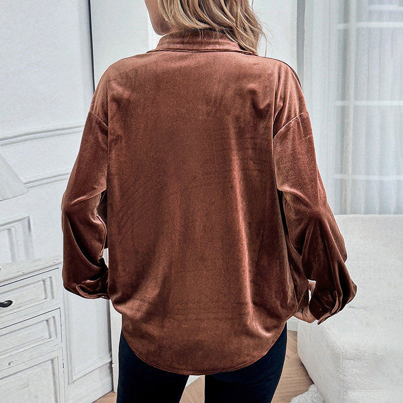 Collared Shirt Autumn Winter Long Sleeve Velvet Cardigan Top