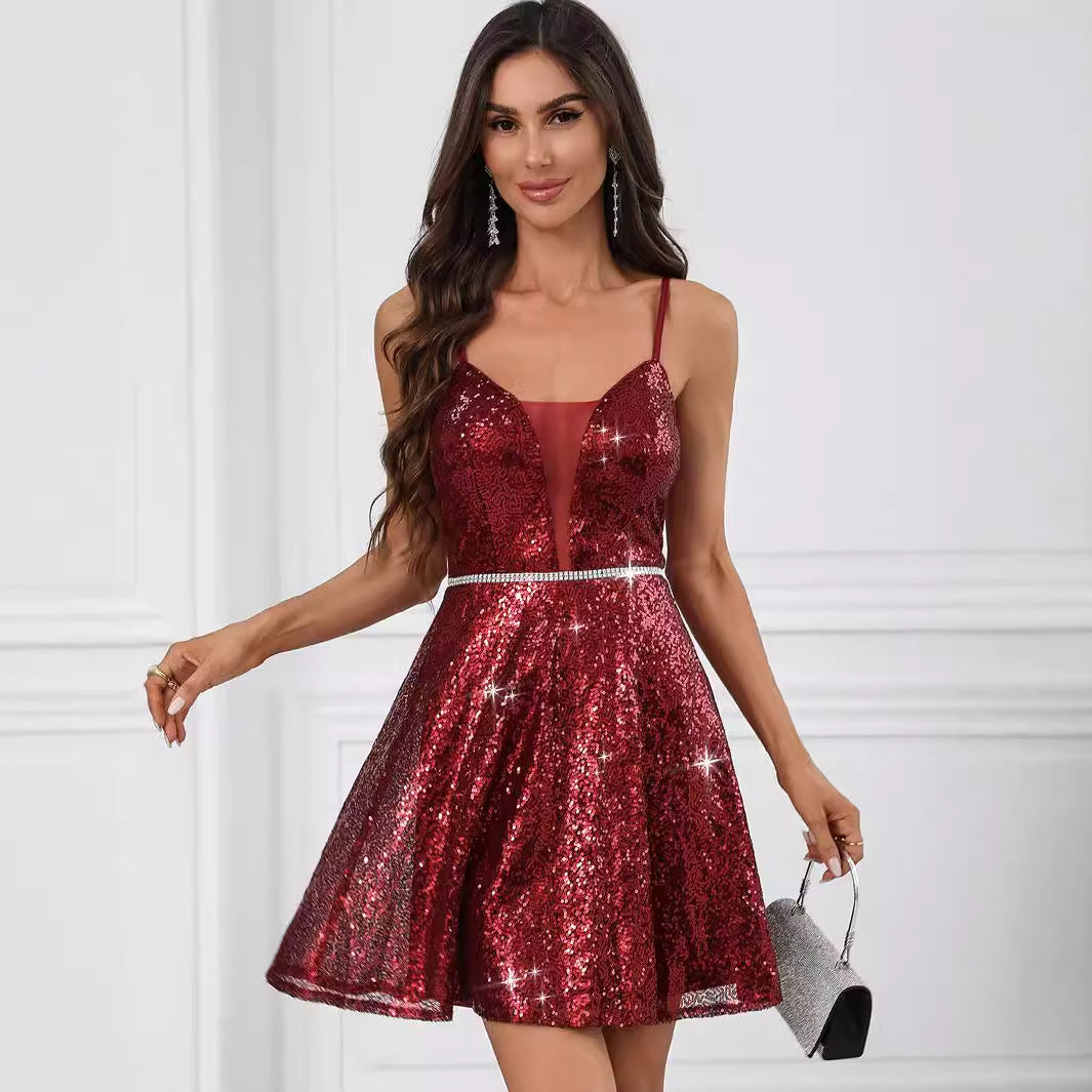 Sexy Backless Spaghetti Straps Sequ Dress Women Clothing Nightclub Dress