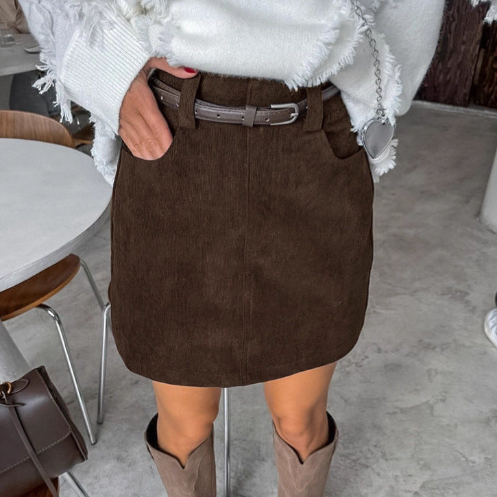 Retro Corduroy Skirt Women Short Autumn High Waist Office All Matching Slimming A line Sheath Skirt（Without Belt）