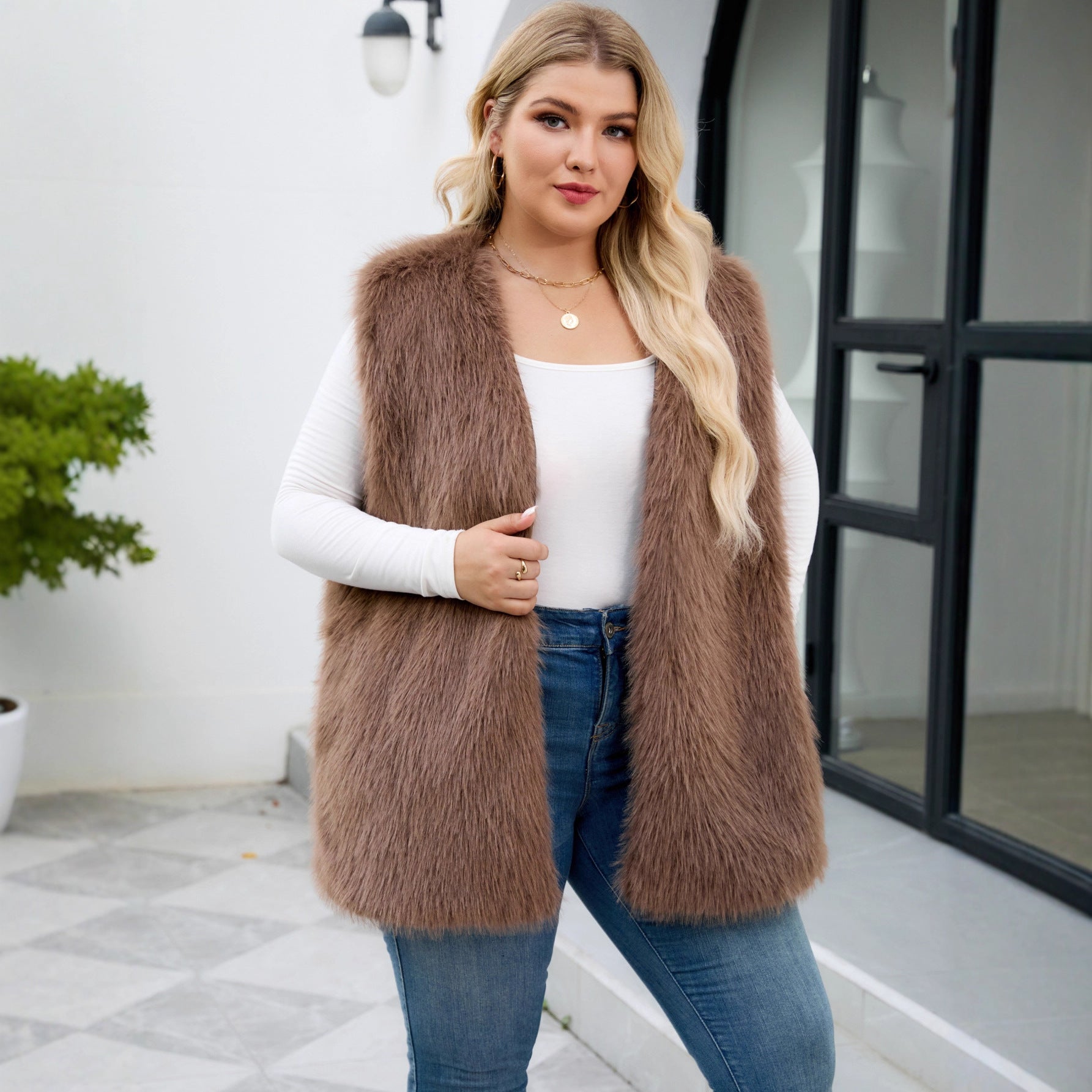 Plus Size Women Clothing Faux Fur V neck Vest Coat Sleeveless Vest