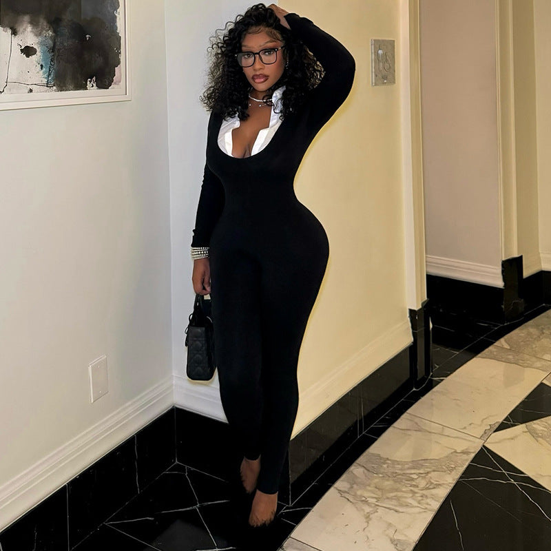 Elegant Women Clothing Sexy Tight Slimming Long Jumpsuit Long Sleeve Zipper White U Shaped Collar Jumpsuit