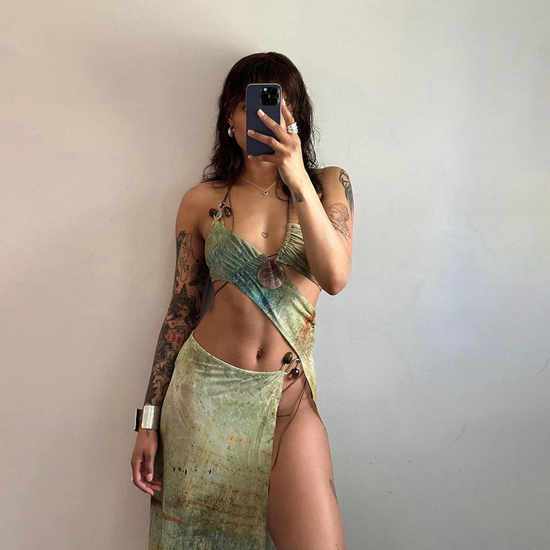 Summer Women Clothing Sexy Cutout Printed Slim Fit Slim Fit Dress