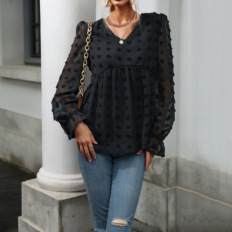 Early Autumn Tops Thin Loose Fitting V neck Long Sleeves Black Shirt