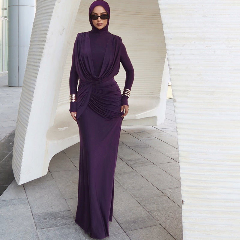 Robe élégante asymétrique à col roulé mi-long, coupe ajustée, couleur unie, automne-hiver