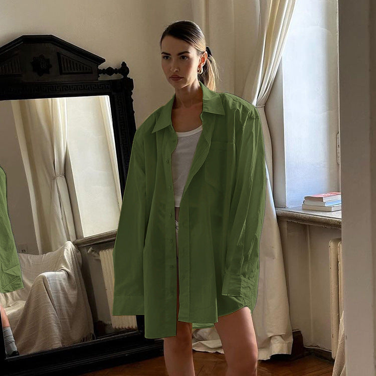 Simple Women Cotton Shirt Autumn Polo Collar Long Sleeve Cardigan Casual All Matching