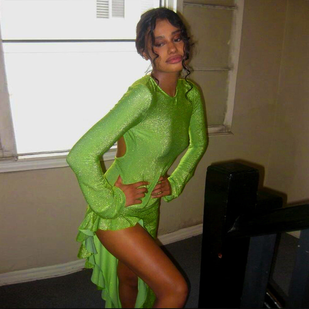 Sexy Women Wear Summer Solid Color Round Neck Long Sleeve Backless High Slit Dress