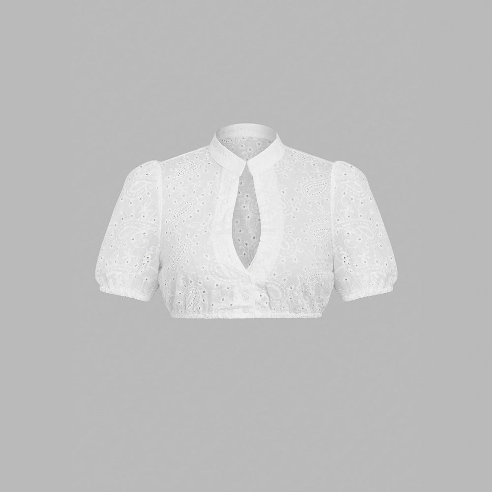 Women Elegant V neck Short Sleeved Simple Beer Clothes Shirt Hollow Out Cutout Embroidered Shirt Top