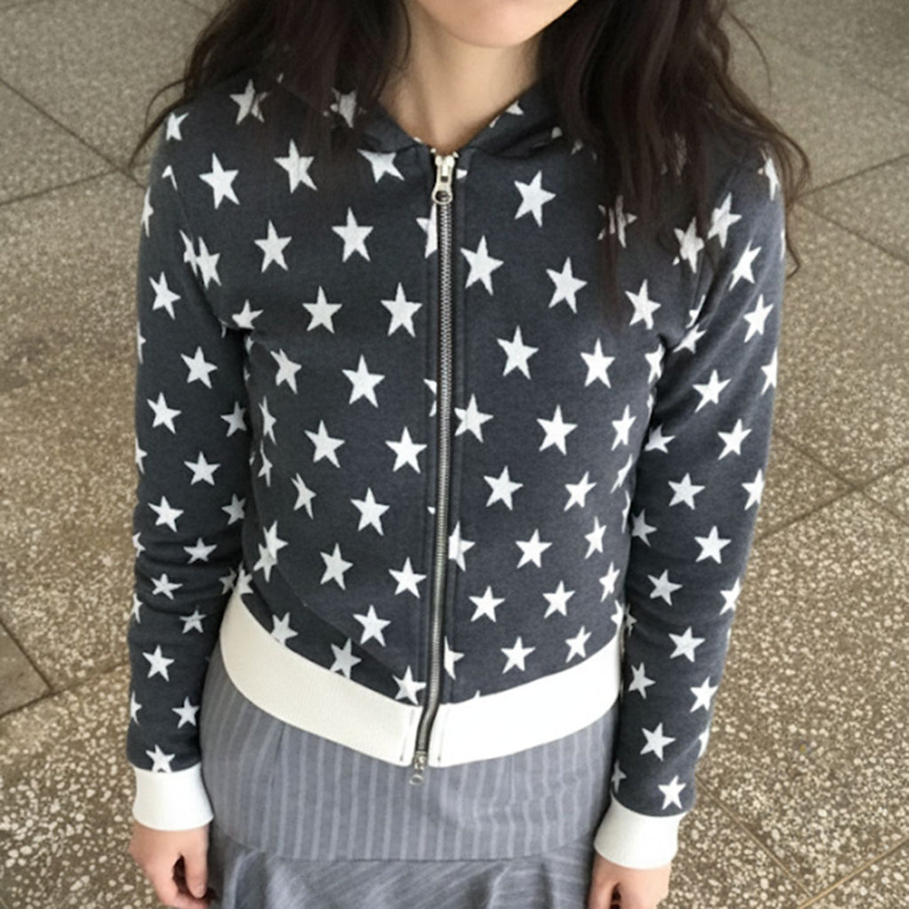 Casual Printed Contrast Color Slim Fit Sweater Women Early Autumn Retro Sports Zipper Hooded Jacket