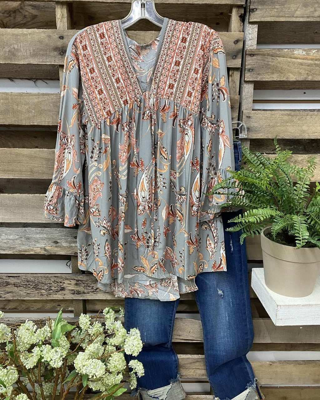 Women Spring Summer Top Pea Floral Gathers Ruffled Three Quarter Length Sleeved T Shirt