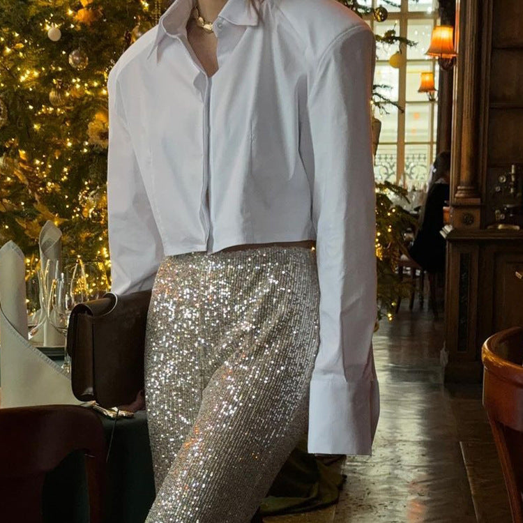 French Simplicity Commuting Short Model in White Color Women Shirt Autumn Polo Collar Long Sleeve All Match Cardigan Top