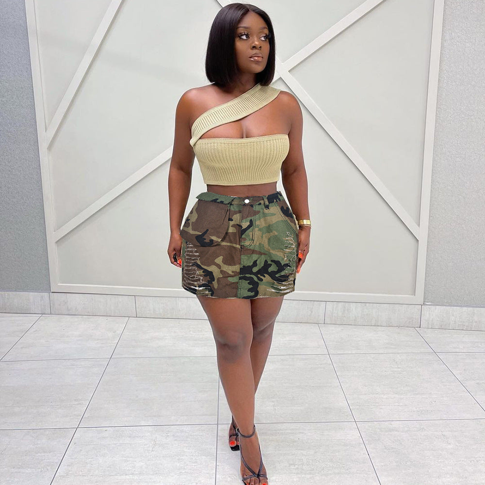 Women Clothing Summer Camouflage Pocket Tassel Hollow Out Cutout Skirt