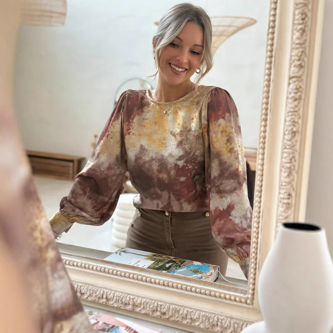 Shirt Floral Print round Neck Backless Shirt