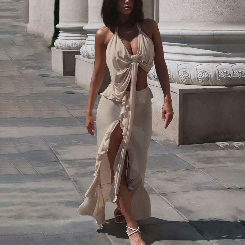 Summer Women Sexy Solid Color Halter Strap Vest Slim Fit Slit Skirt Set Women