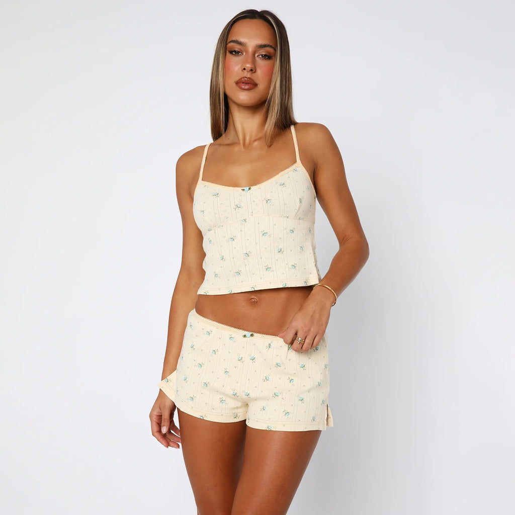 Jacquard Home Wear Pastoral Small Floral Strap Top Shorts Casual Two Piece Set