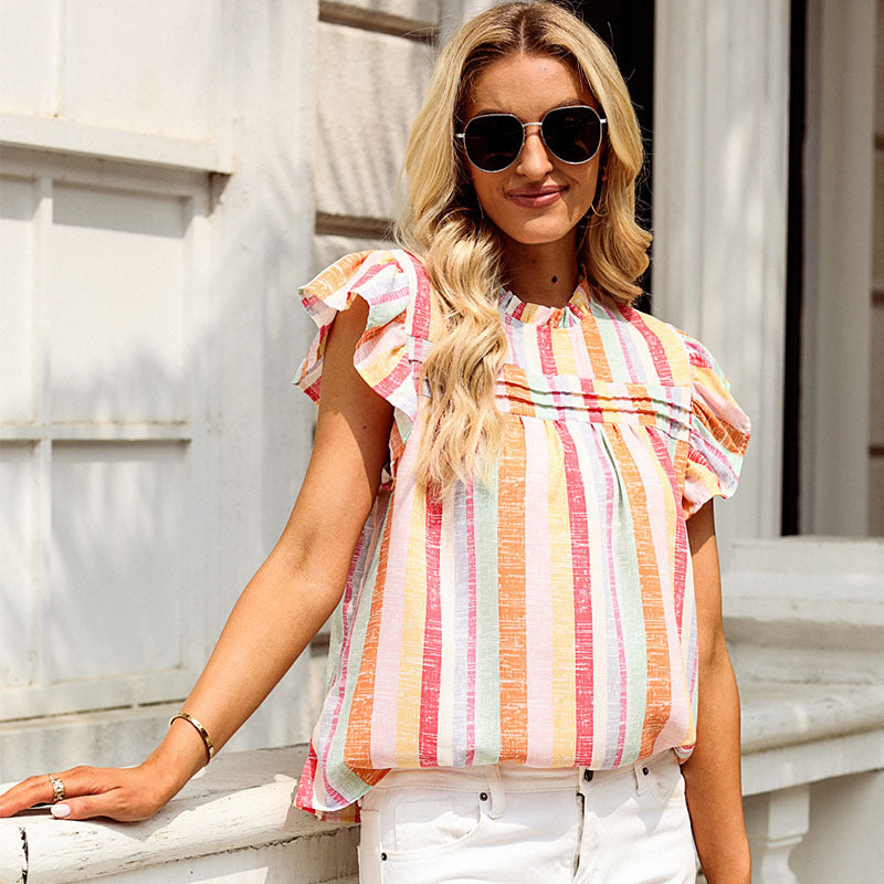 Multi Color Stripe Color Block Frill Round Neck Sleeveless Top Women Summer Camisole