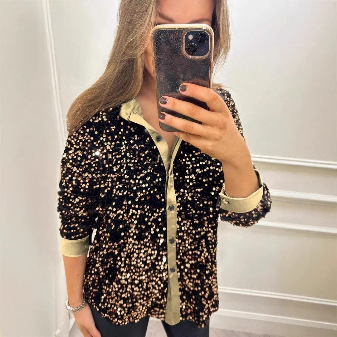 Autumn Winter Long Sleeve Loose Casual Sequin Shirt