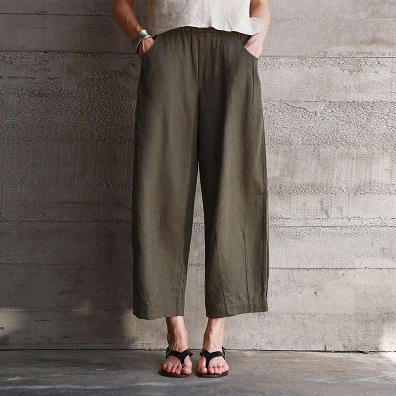 Pure Linen Cropped Pants Women Autumn Elastic Waist Radish Pants Loose Pants All Matching Slimming Straight Pants